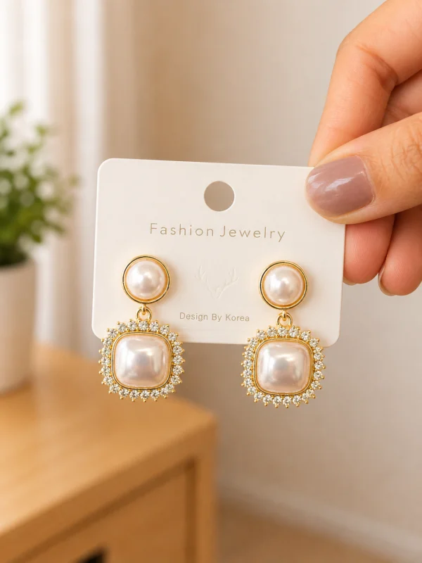 Square Pearl Crystal Drop Earrings for Women