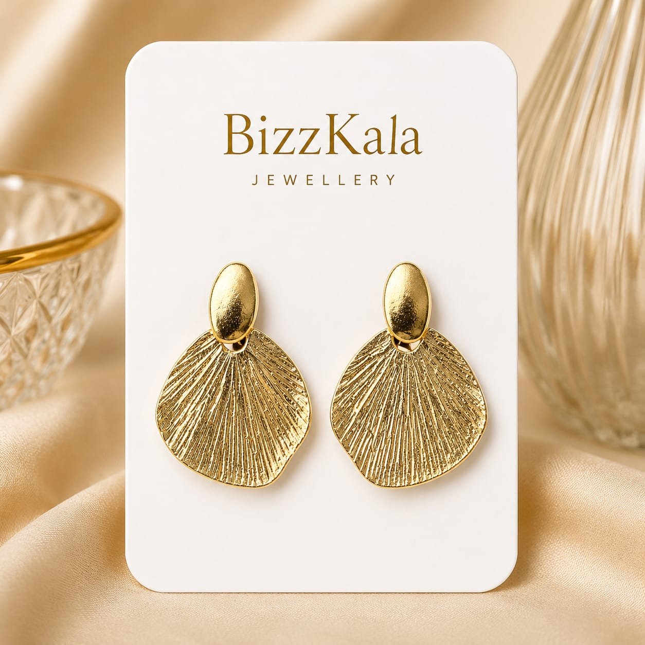 Textured Gold Fan Drop Earrings for Women - Image 1