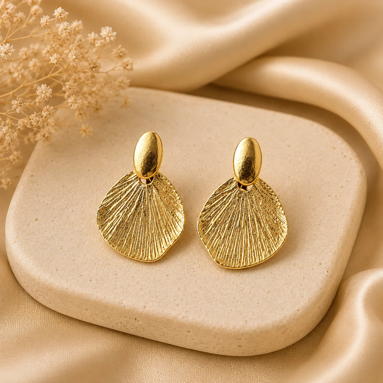 Textured Gold Fan Drop Earrings for Women - Image 3