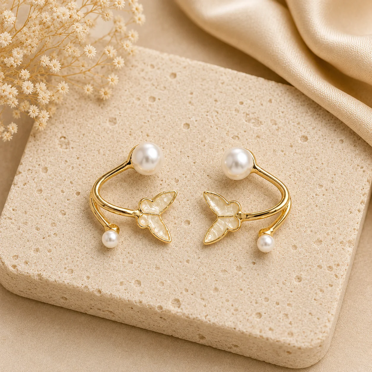 White Butterfly Pearl Earrings for Women - Image 3