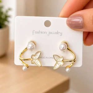 White Butterfly Pearl Earrings for Women - Image 4