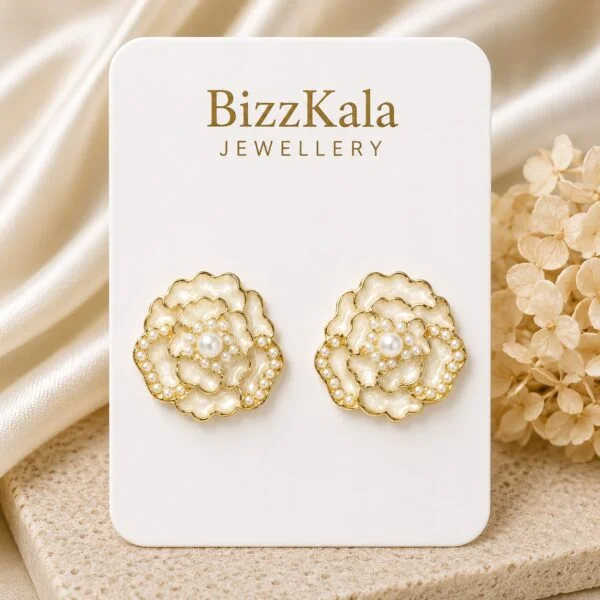 White Flower Pearl Stud Earrings for Women