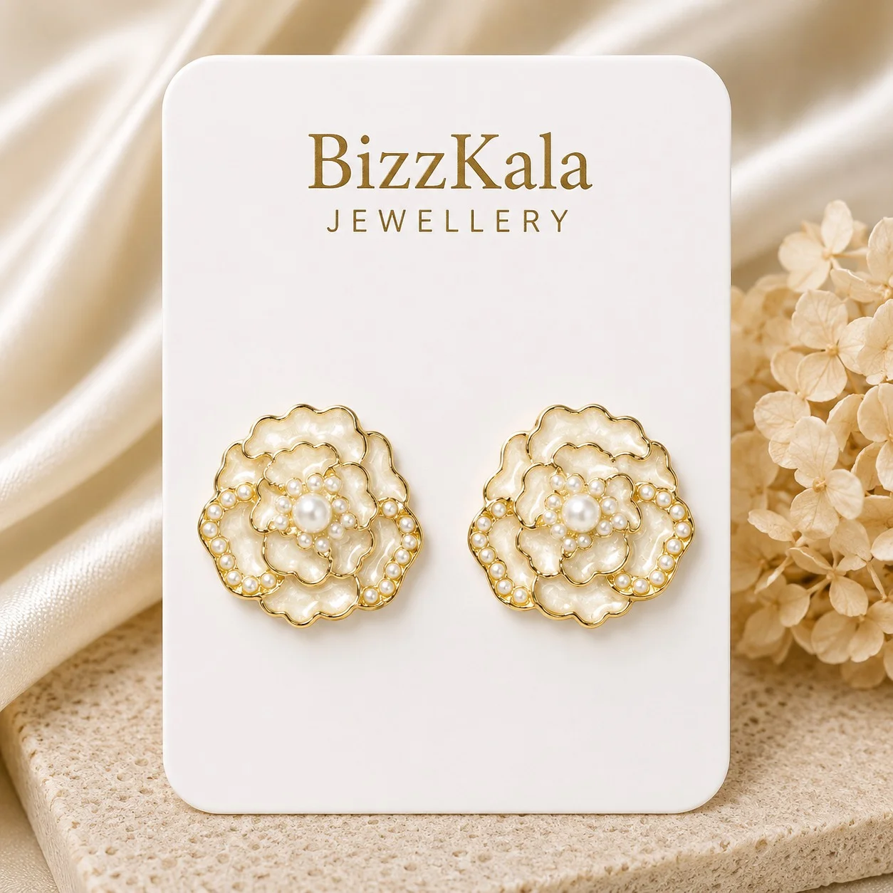 White Flower Pearl Stud Earrings for Women - Image 1