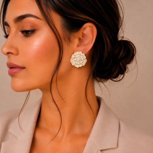 White Flower Pearl Stud Earrings for Women