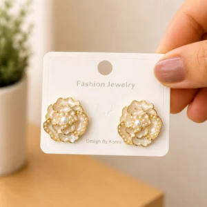 White Flower Pearl Stud Earrings for Women - Image 4