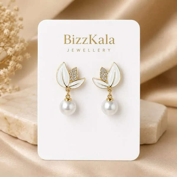 White Leaf Pearl Earrings for Women
