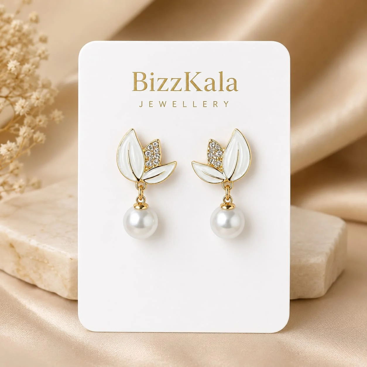 White Leaf Pearl Earrings for Women - Image 1