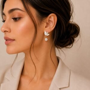 White Leaf Pearl Earrings for Women - Image 2