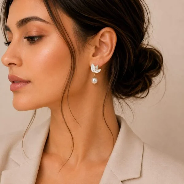 White Leaf Pearl Earrings for Women