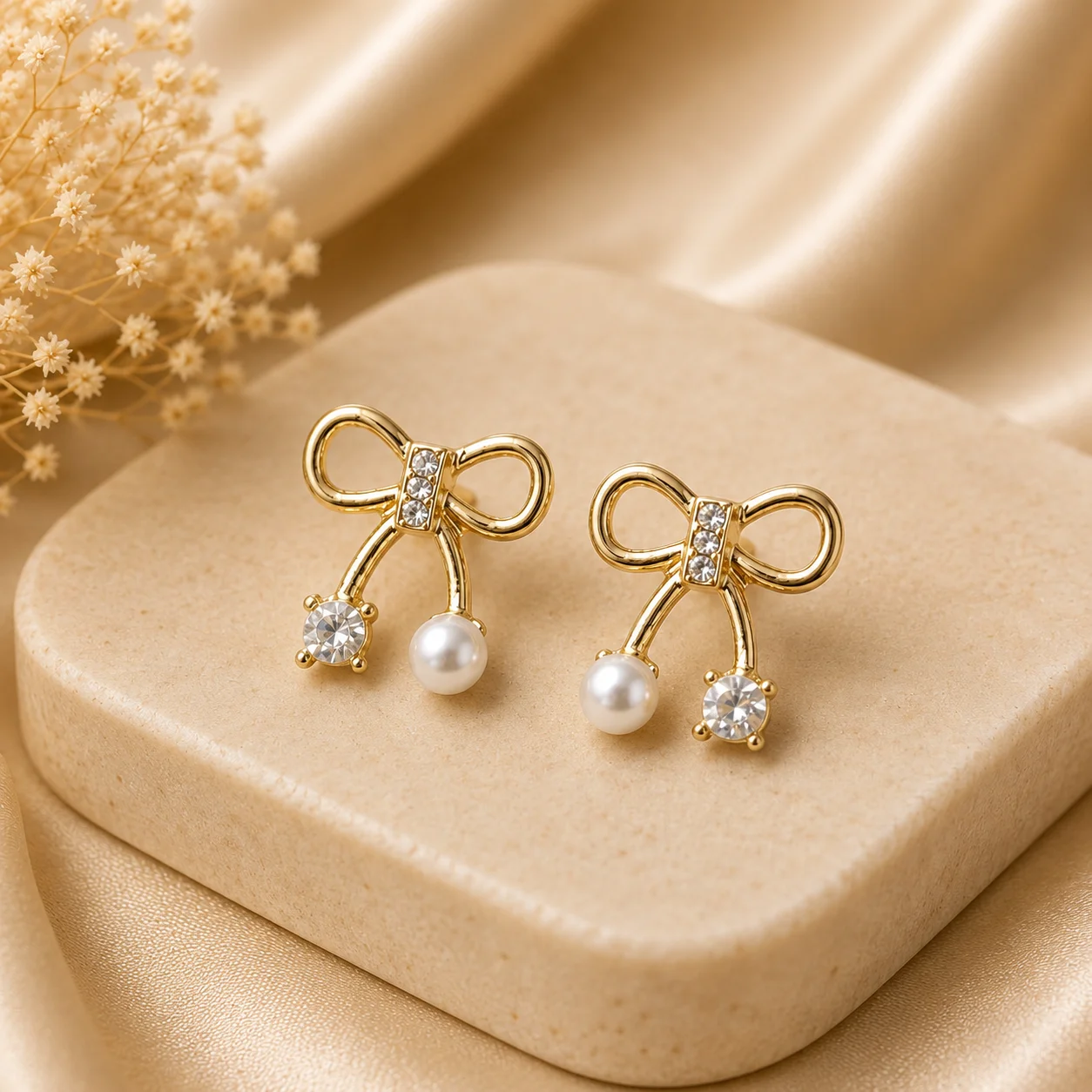 Bow Pearl Crystal Earrings for Women - Image 3