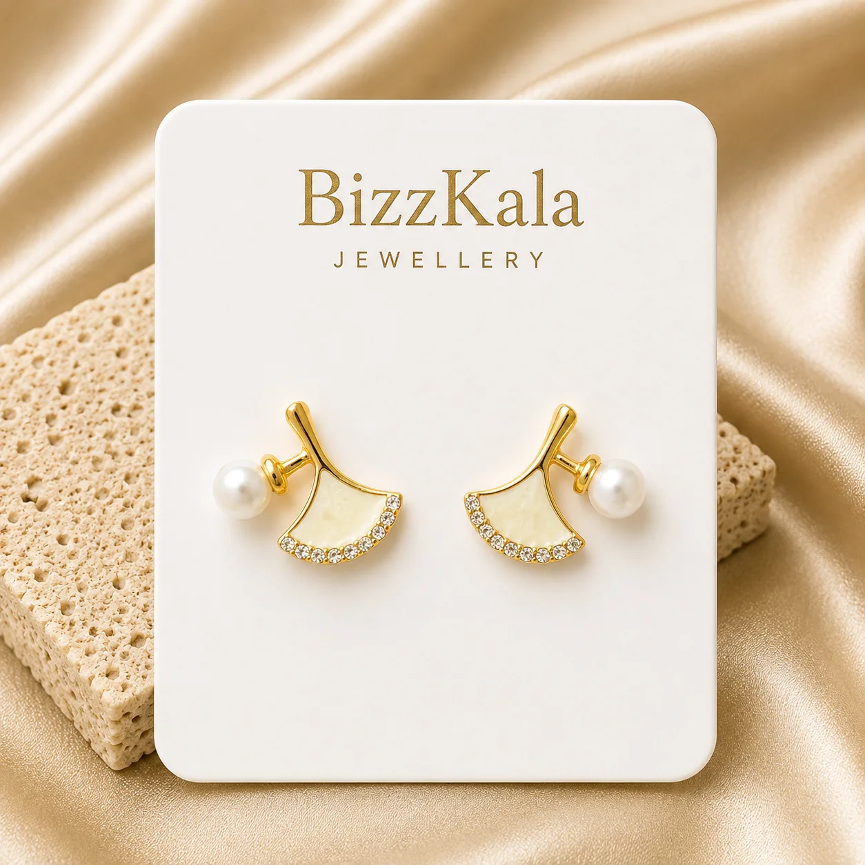 White Leaf Pearl Stud Earrings for Women - Image 1