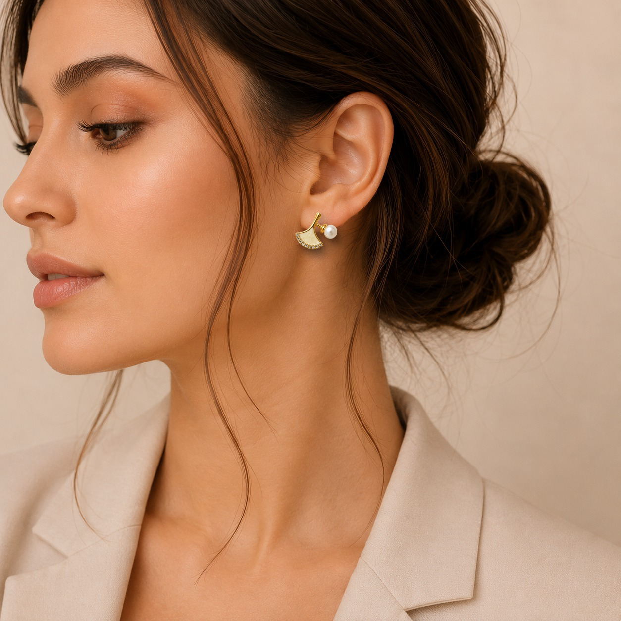 White Leaf Pearl Stud Earrings for Women - Image 2