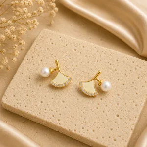 White Leaf Pearl Stud Earrings for Women - Image 3