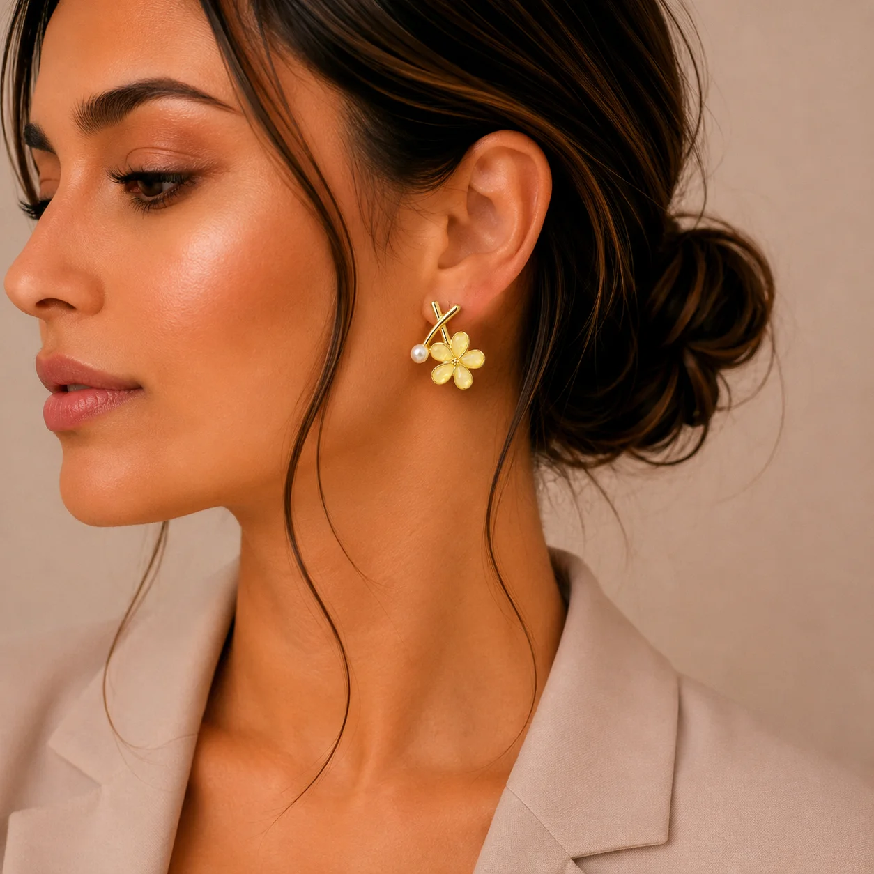 Yellow Flower Pearl Cross Earrings for Women - Image 2
