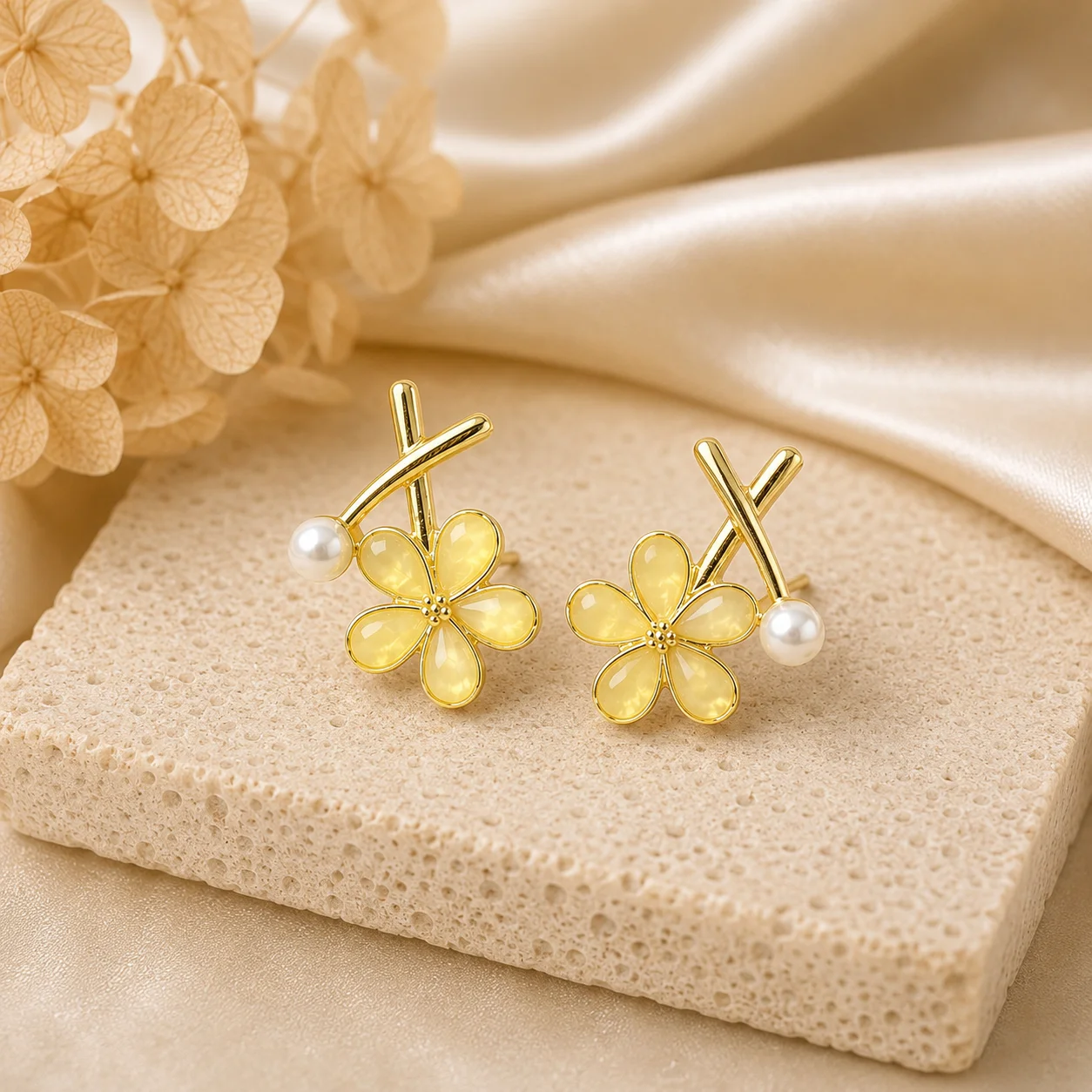 Yellow Flower Pearl Cross Earrings for Women - Image 3