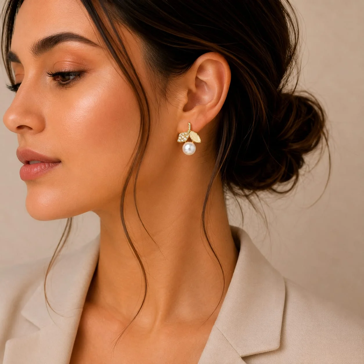 Yellow Leaf Pearl Drop Earrings for Women - Image 2