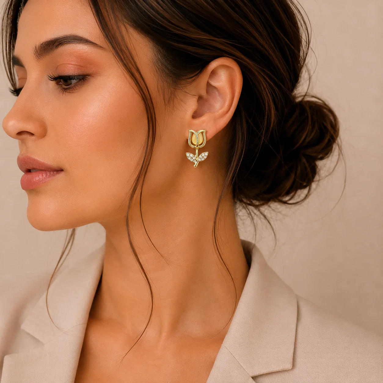 Yellow Tulip Stud Earrings for Women - Image 2