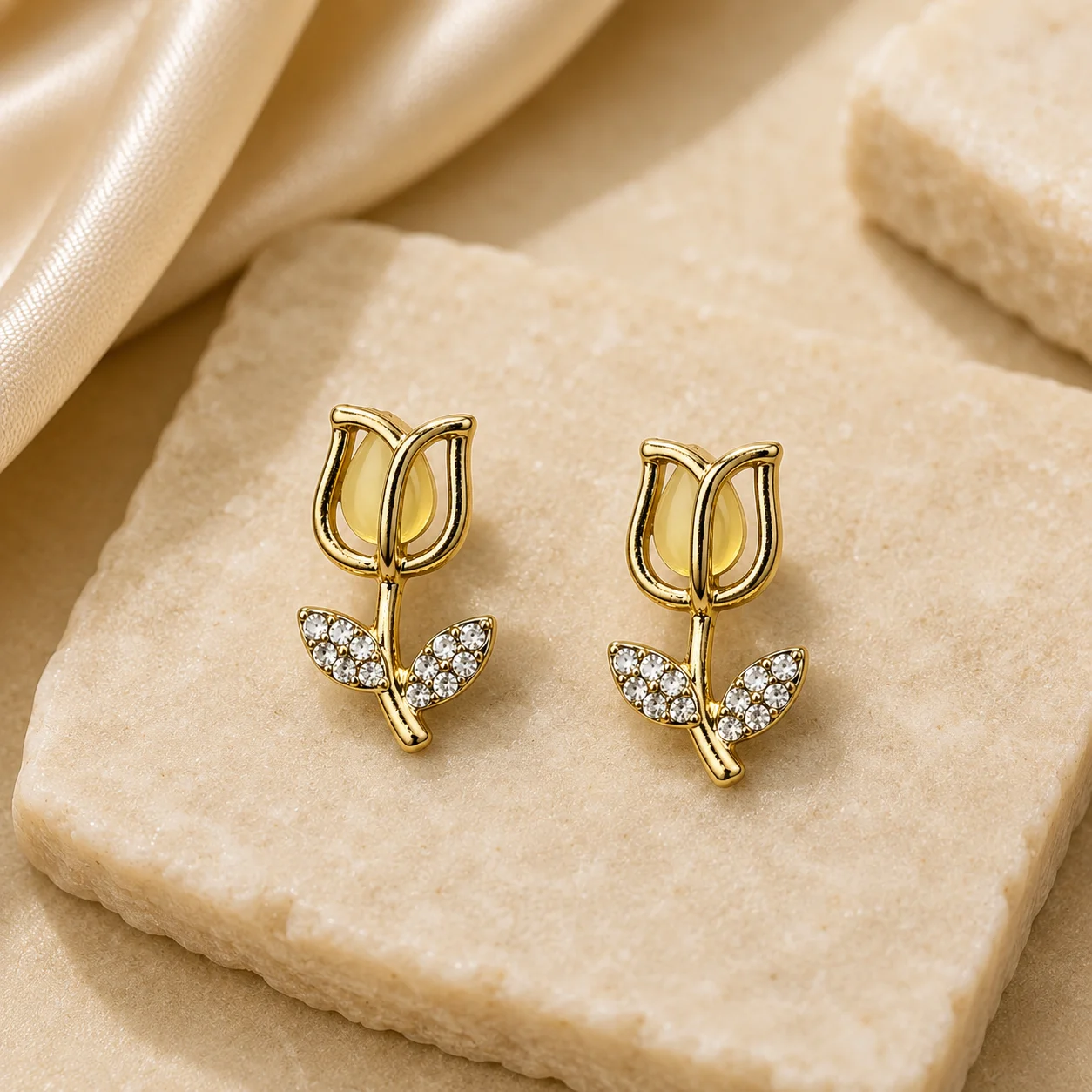 Yellow Tulip Stud Earrings for Women - Image 3