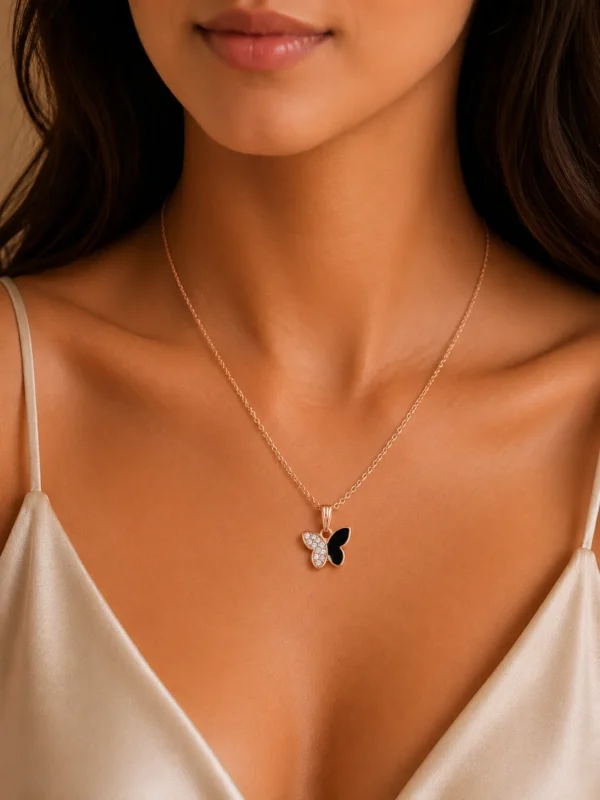 Black & Crystal Butterfly Pendant Necklace for Women