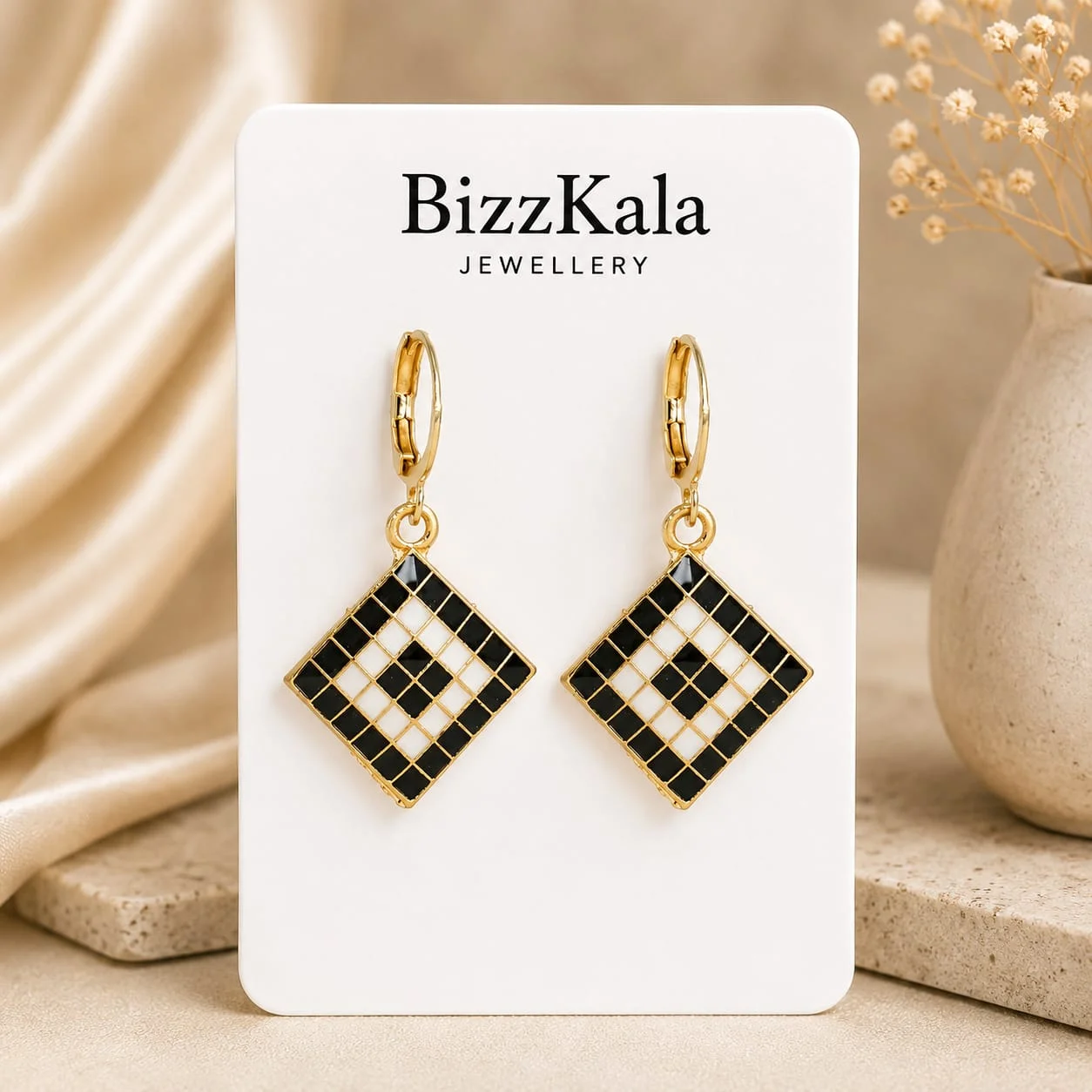 Black White Checkered Jhumka for Women - Image 1