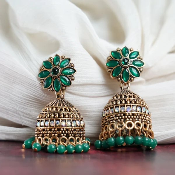 Emerald Green Floral Beaded Jhumka for Women