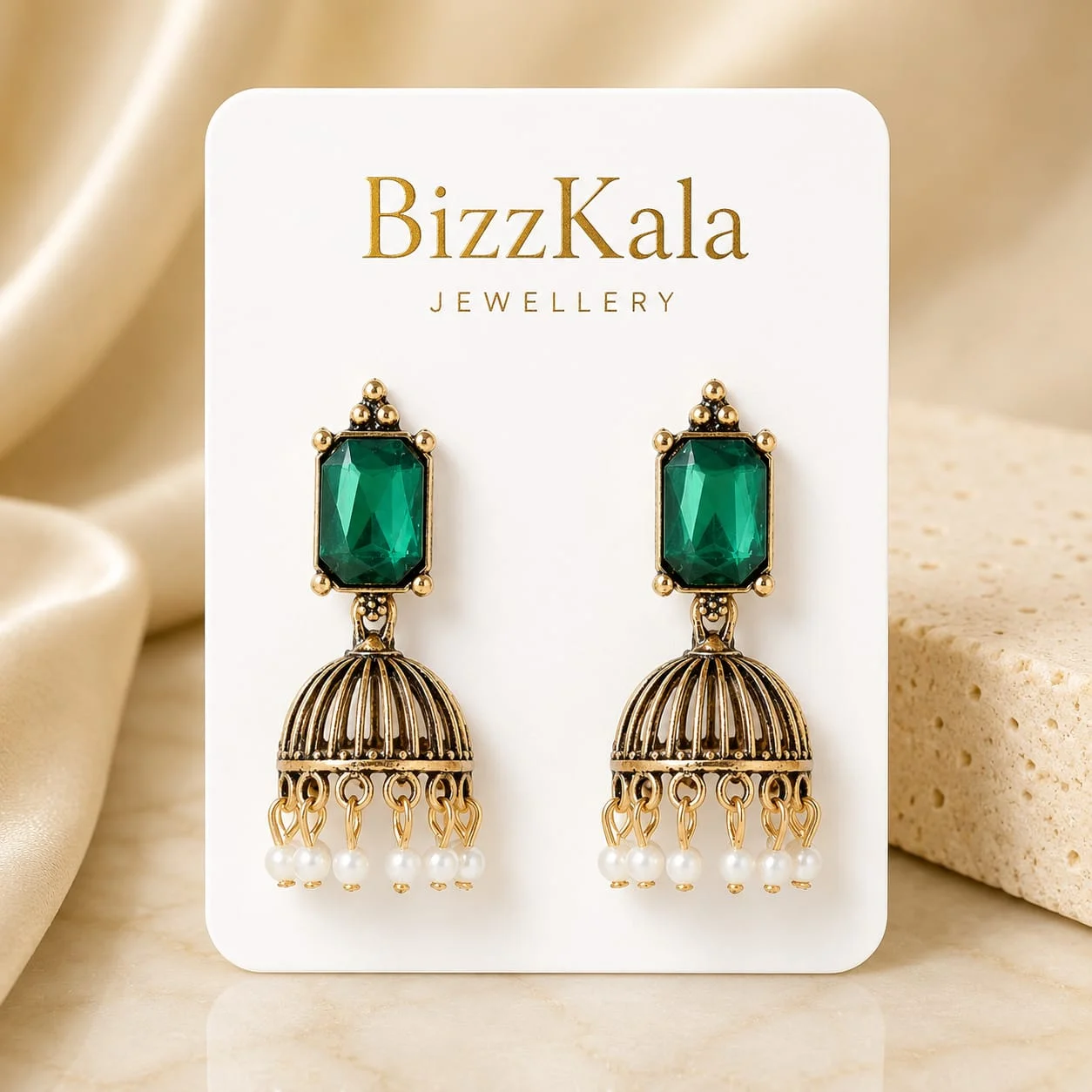 Emerald Green Stone Pearl Jhumka for Women - Image 1