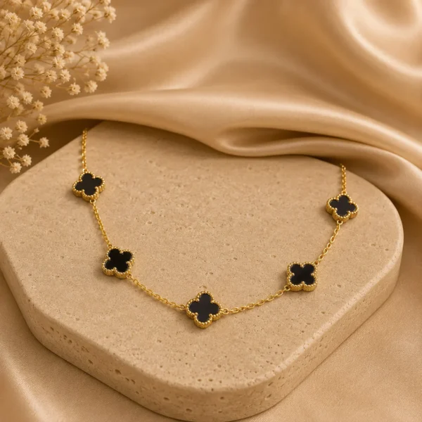 Gold-Tone Black Clover Charm Necklace for Women