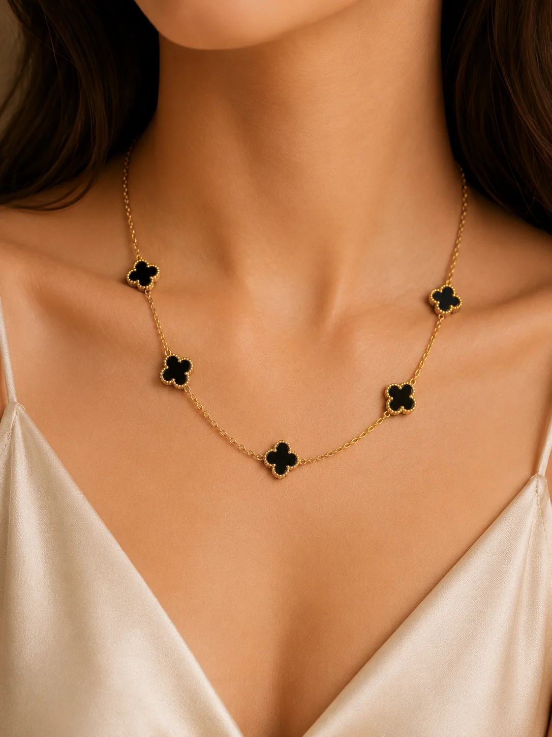 Gold-Tone Black Clover Charm Necklace for Women - Image 2