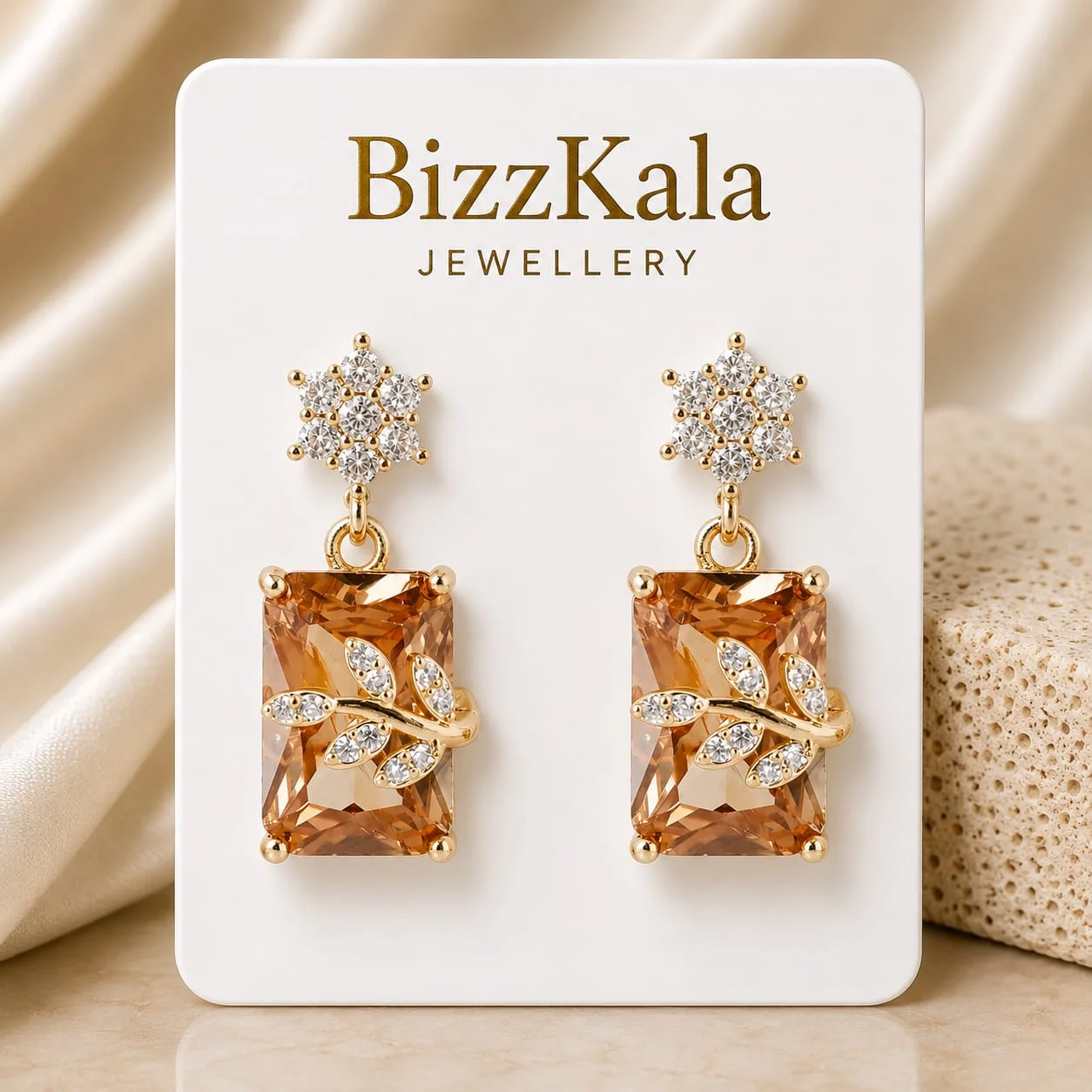 Gold-Tone Champagne Stone Crystal Leaf Jhumka for Women - Image 1