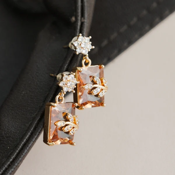 Gold-Tone Champagne Stone Crystal Leaf Jhumka for Women