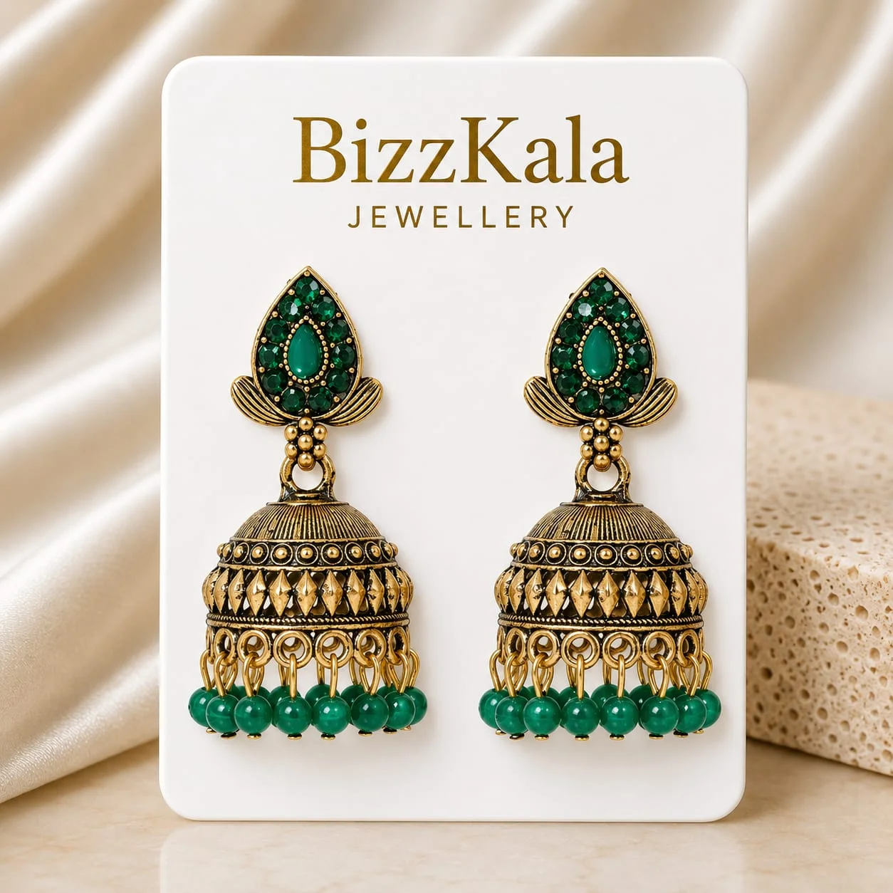 Gold-Tone Green Stone Beaded Jhumka for Women - Image 1