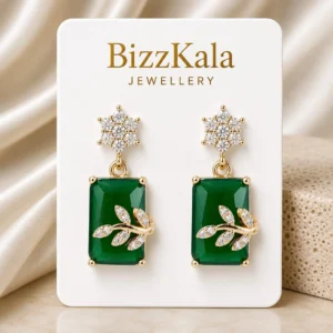 Gold-Tone Green Stone Crystal Leaf Jhumka for Women