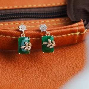 Gold-Tone Green Stone Crystal Leaf Jhumka for Women - Image 3