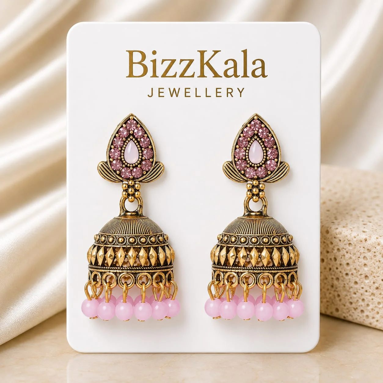 Gold-Tone Pink Stone Beaded Jhumka for Women - Image 1