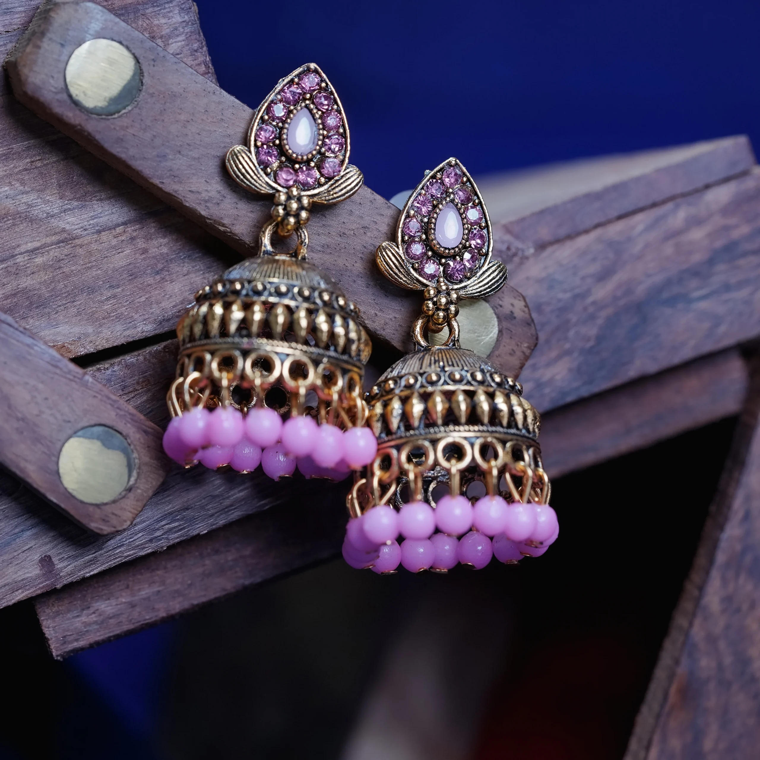 Gold-Tone Pink Stone Beaded Jhumka for Women - Image 3