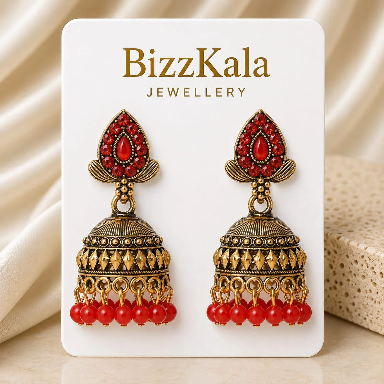 Gold-Tone Red Stone Beaded Jhumka for Women - Image 1