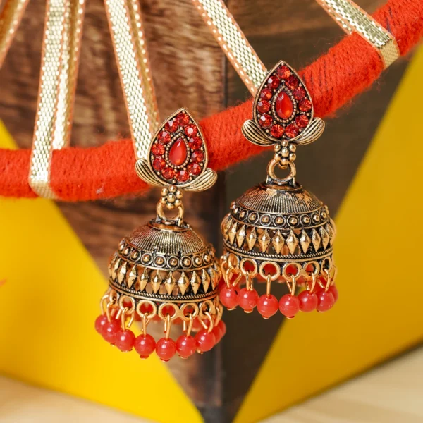 Gold-Tone Red Stone Beaded Jhumka for Women