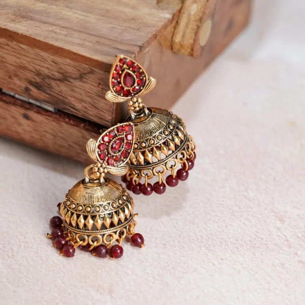 Gold-Tone Red Stone Jhumka for Women
