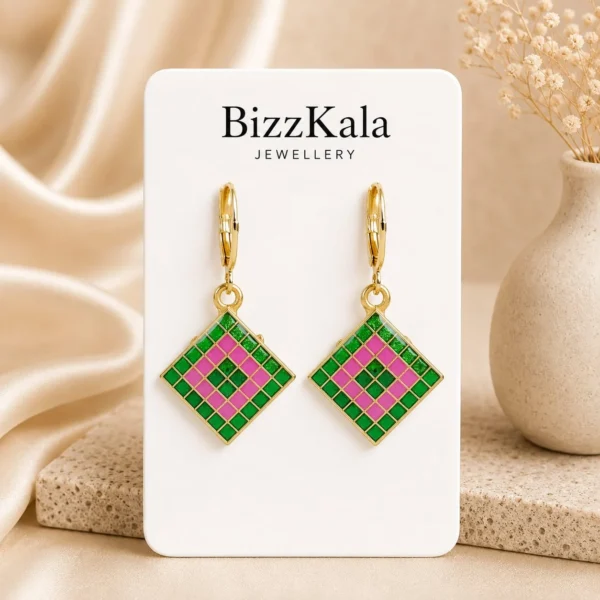 Green Pink Checkered Jhumka for Women