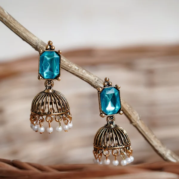 Ocean Blue Stone Pearl Jhumka for Women