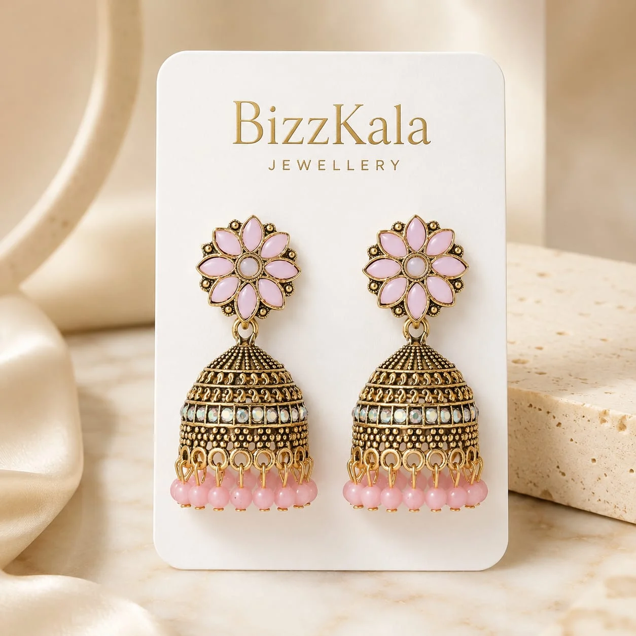 Pink Floral Beaded Jhumka for Women - Image 1