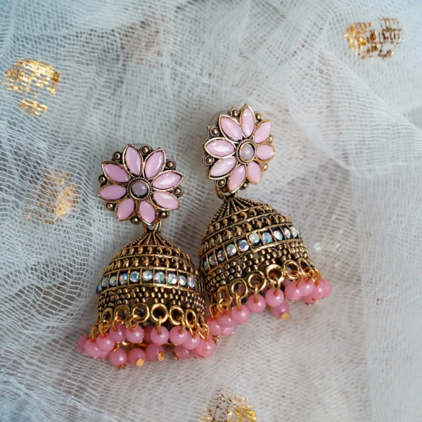 Pink Floral Beaded Jhumka for Women