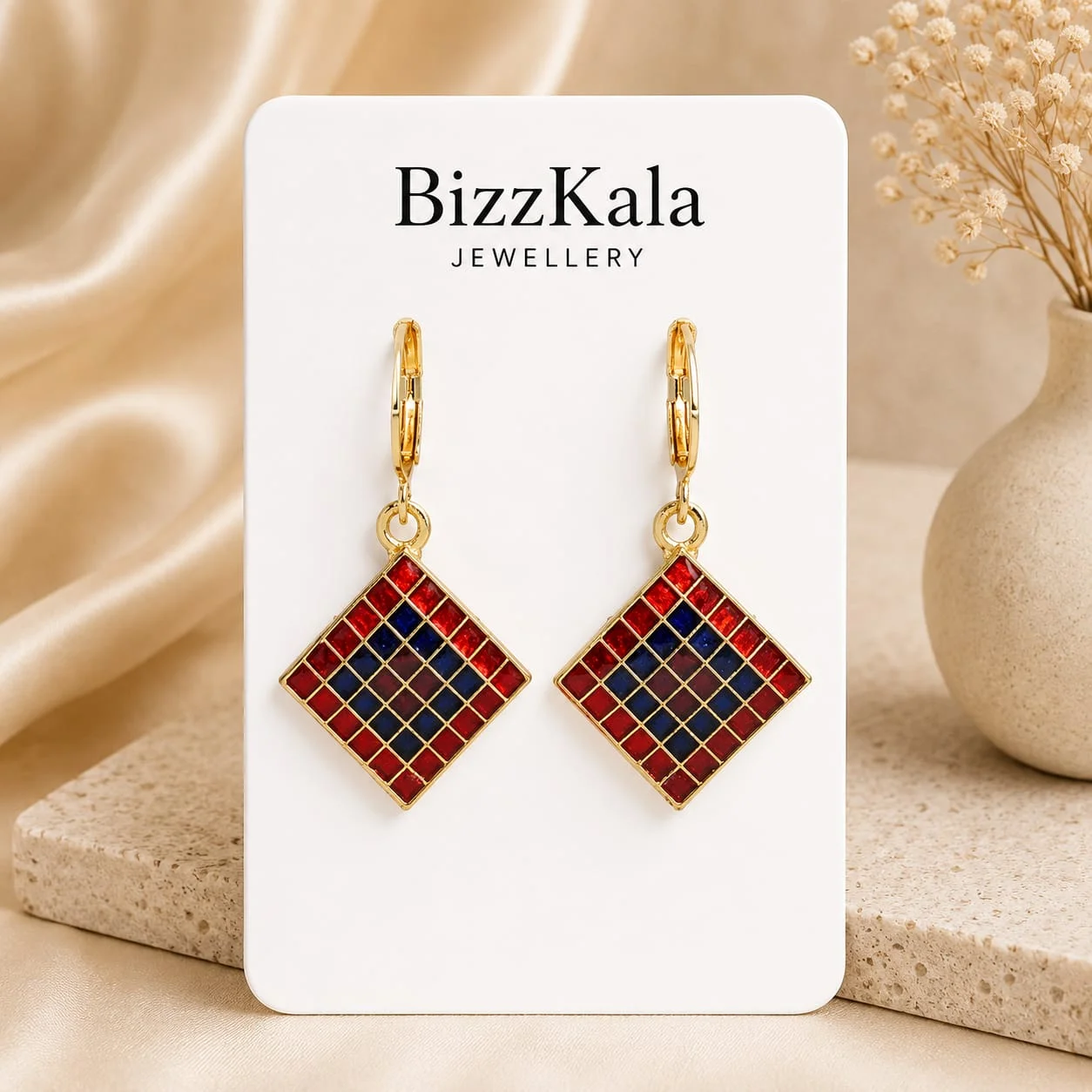 Red Blue Checkered Jhumka for Women - Image 1