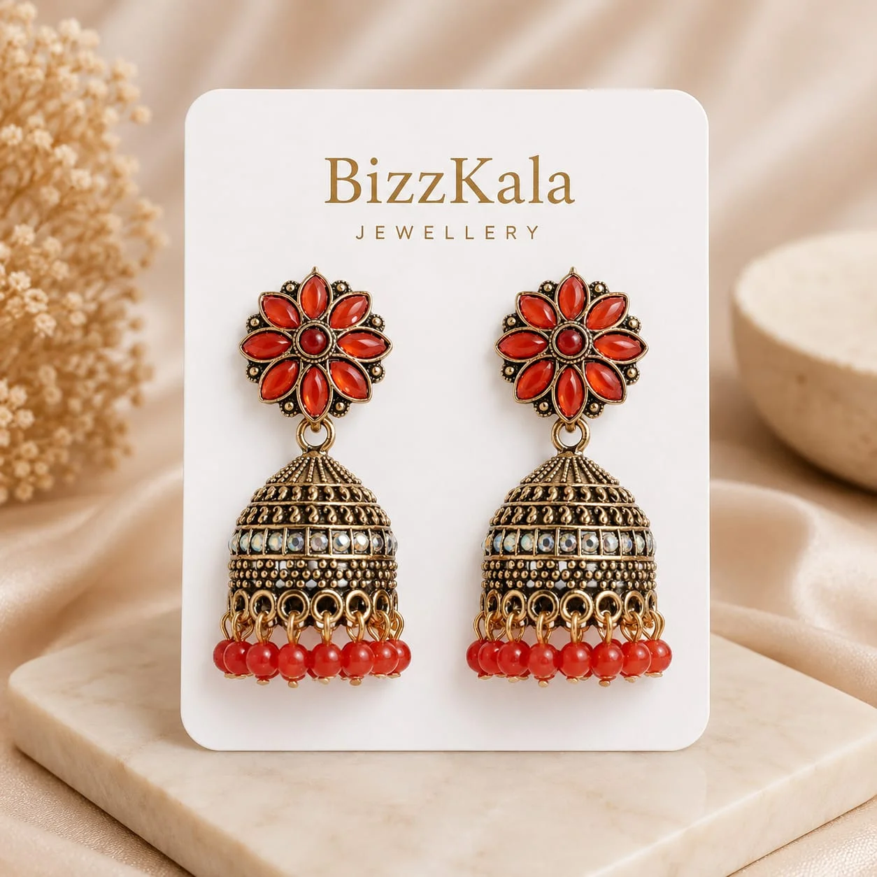 Red Floral Beaded Jhumka for Women - Image 1