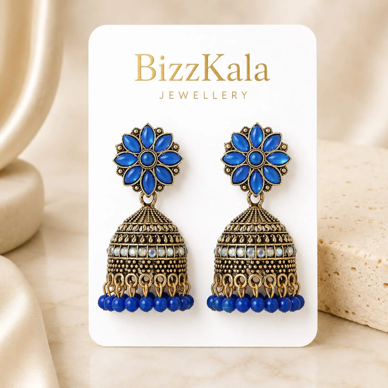 Royal Blue Floral Beaded Jhumka for Women - Image 1