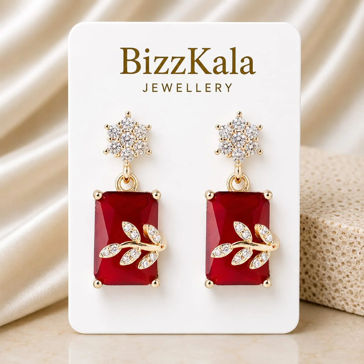 Ruby Red Crystal Leaf Jhumka for Women - Image 1
