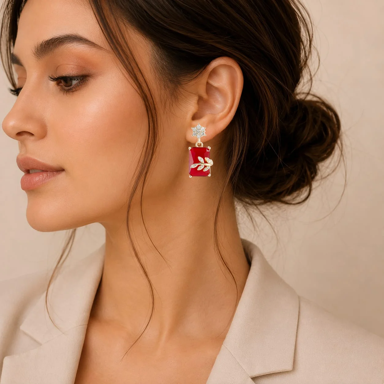 Ruby Red Crystal Leaf Jhumka for Women - Image 2