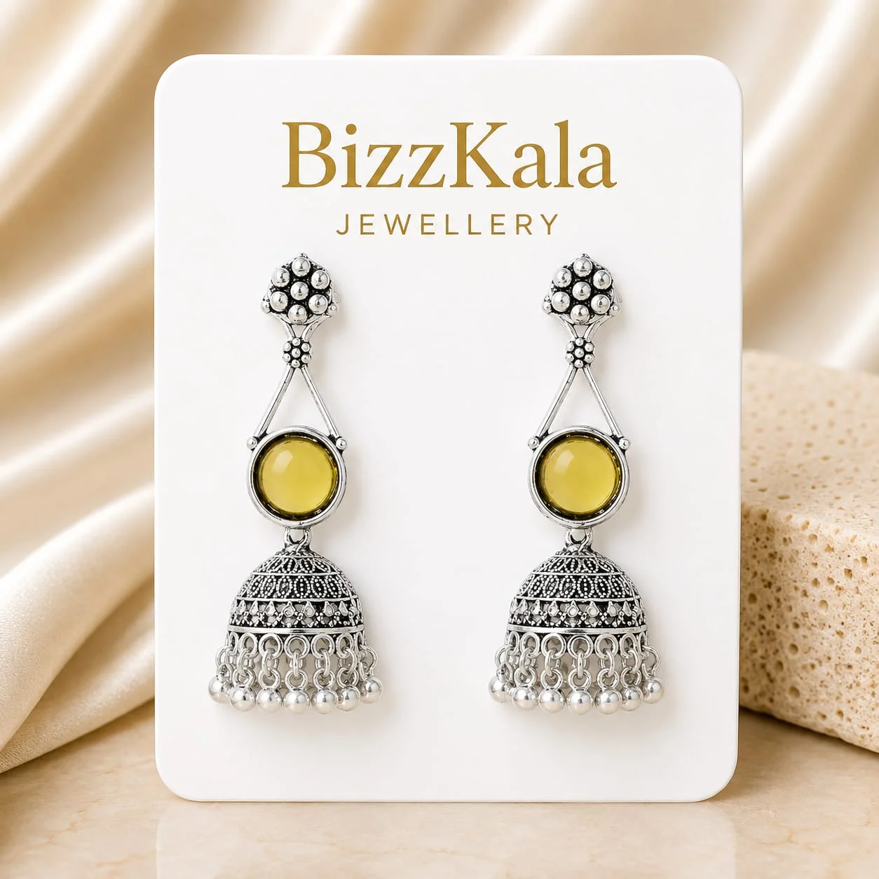 Silver-Tone Amber Stone Jhumka Earrings for Women - Image 1