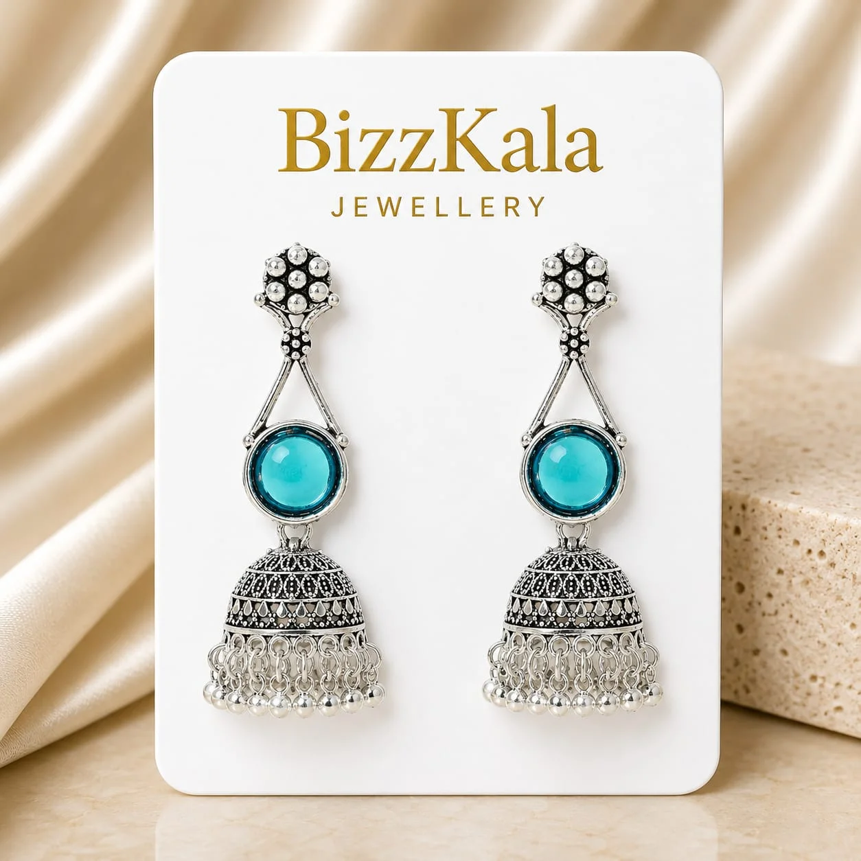 Silver-Tone Blue Stone Jhumka Earrings for Women - Image 1