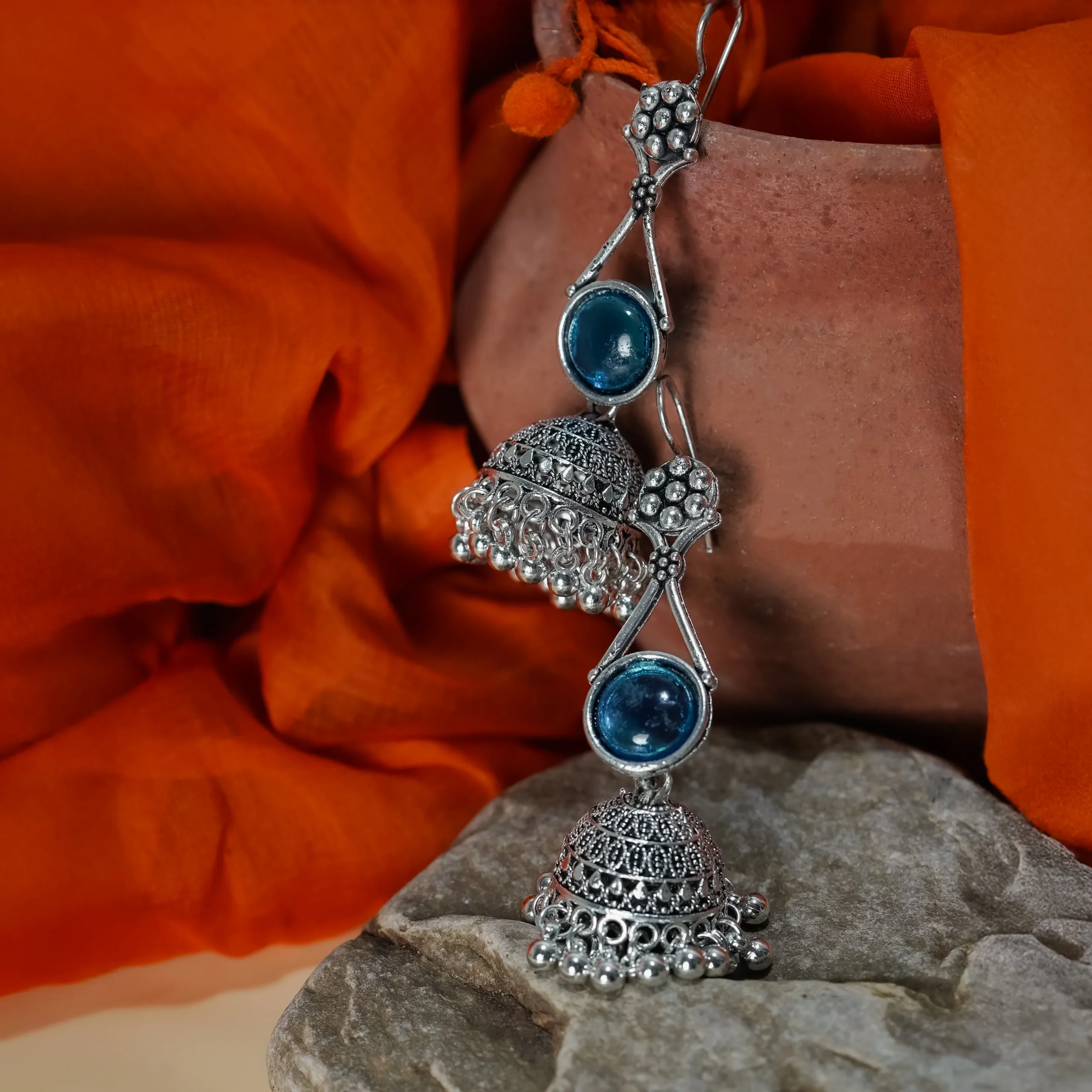 Silver-Tone Blue Stone Jhumka Earrings for Women - Image 3